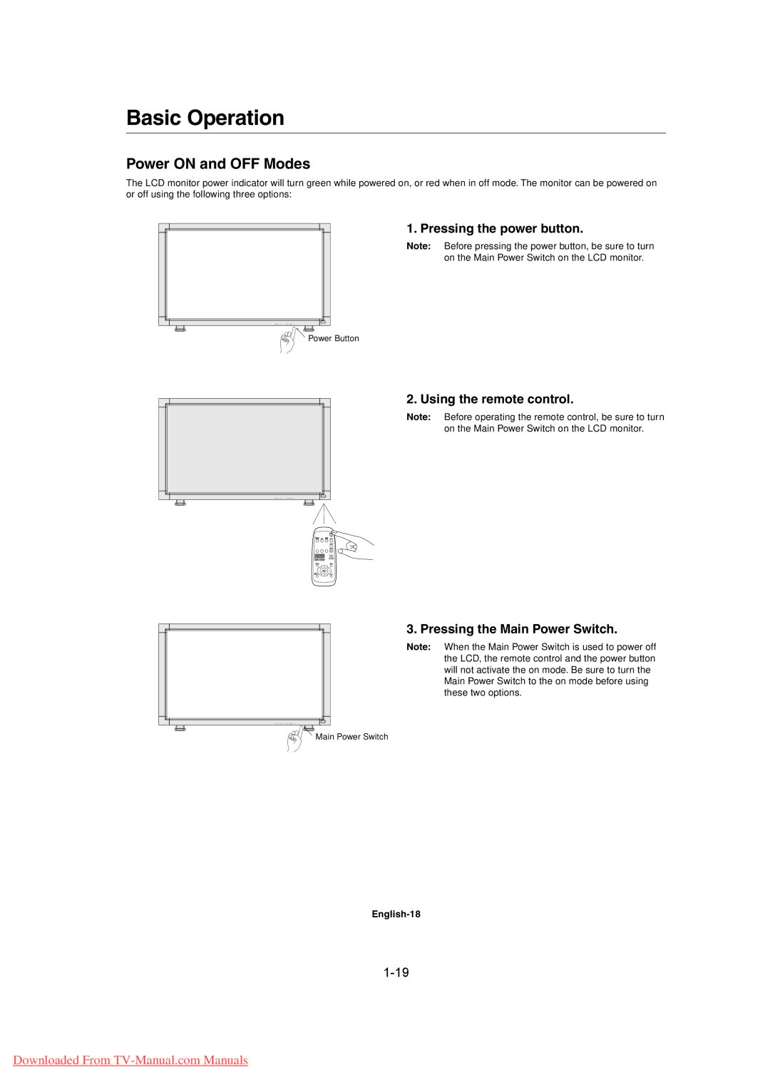 Mitsubishi Electronics MDT461S, MDT402S Basic Operation, Power on and OFF Modes, Pressing the power button, English-18 