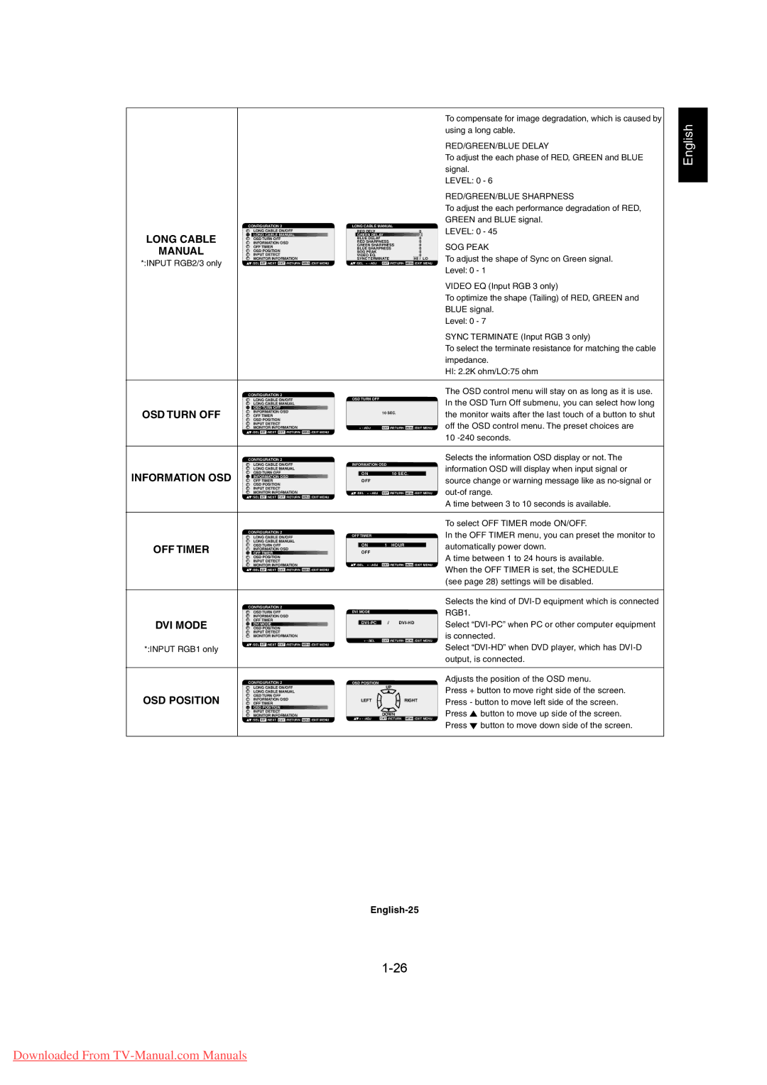 Mitsubishi Electronics MDT402S Long Cable, Manual, OSD Turn OFF, Information OSD, OFF Timer, DVI Mode, OSD Position 