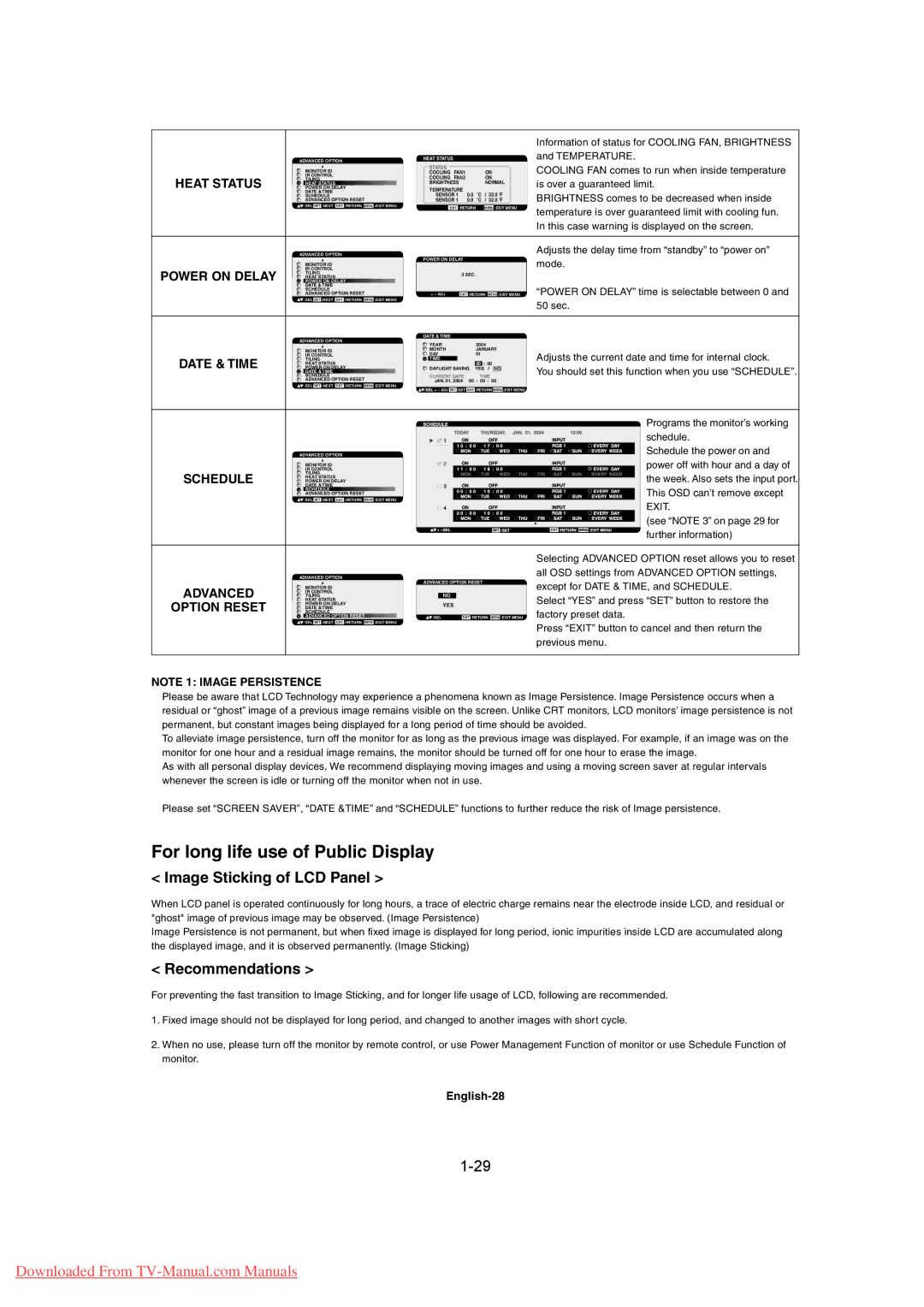 Mitsubishi Electronics MDT461S, MDT402S For long life use of Public Display, Image Sticking of LCD Panel, Recommendations 