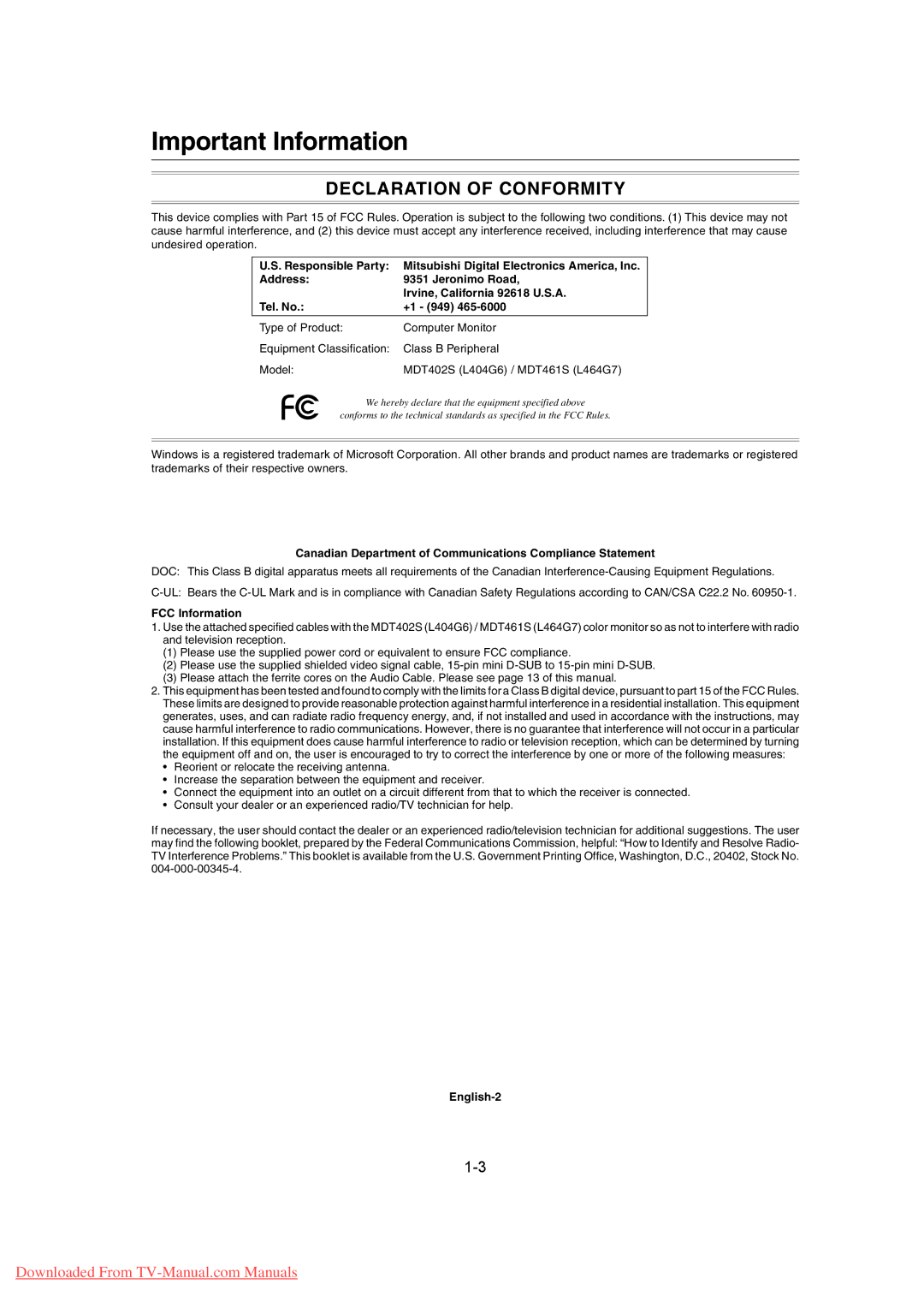 Mitsubishi Electronics MDT461S, MDT402S user manual Important Information 