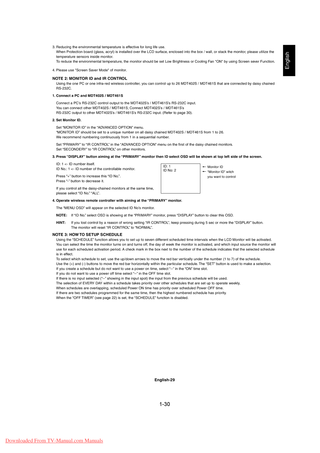 Mitsubishi Electronics user manual English-29, Connect a PC and MDT402S / MDT461S, Set Monitor ID 