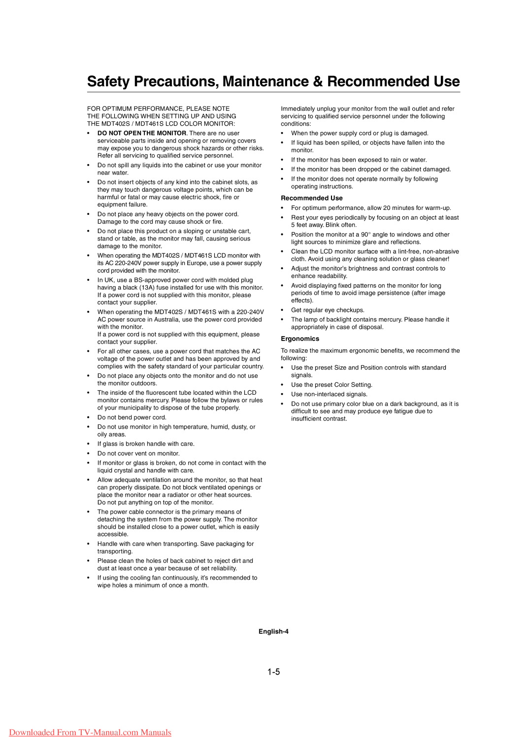 Mitsubishi Electronics MDT461S, MDT402S user manual Safety Precautions, Maintenance & Recommended Use, Ergonomics, English-4 