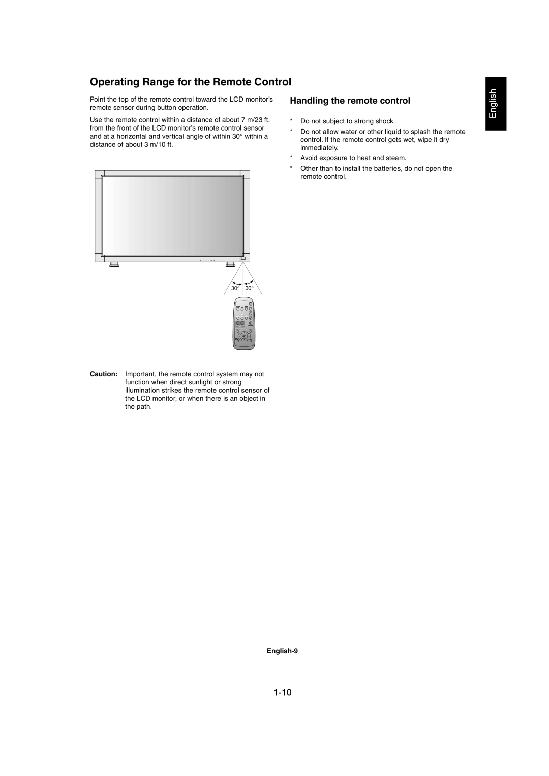 Mitsubishi Electronics MDT402S user manual Operating Range for the Remote Control, Handling the remote control, English-9 