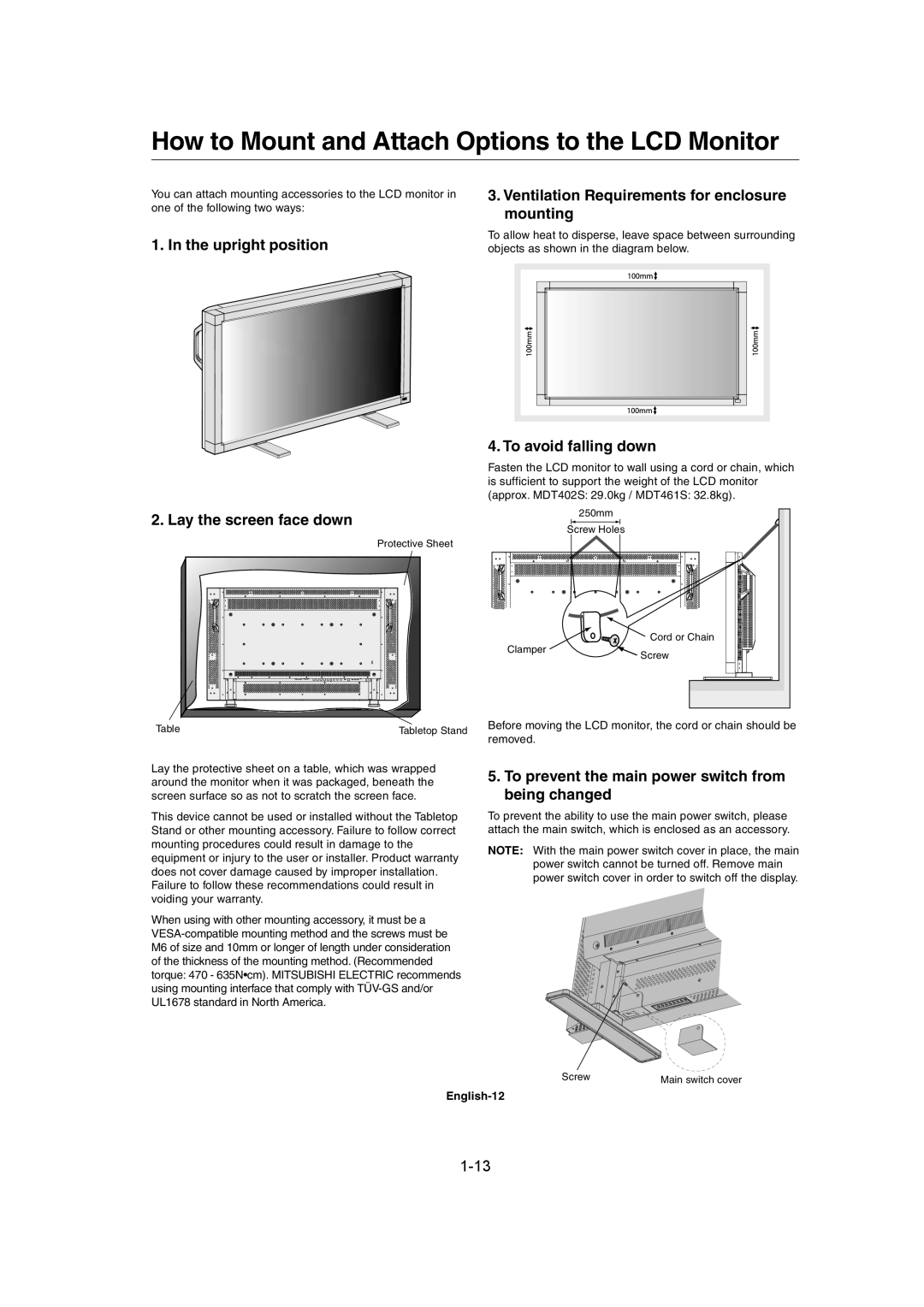 Mitsubishi Electronics MDT402S user manual How to Mount and Attach Options to the LCD Monitor, To avoid falling down 