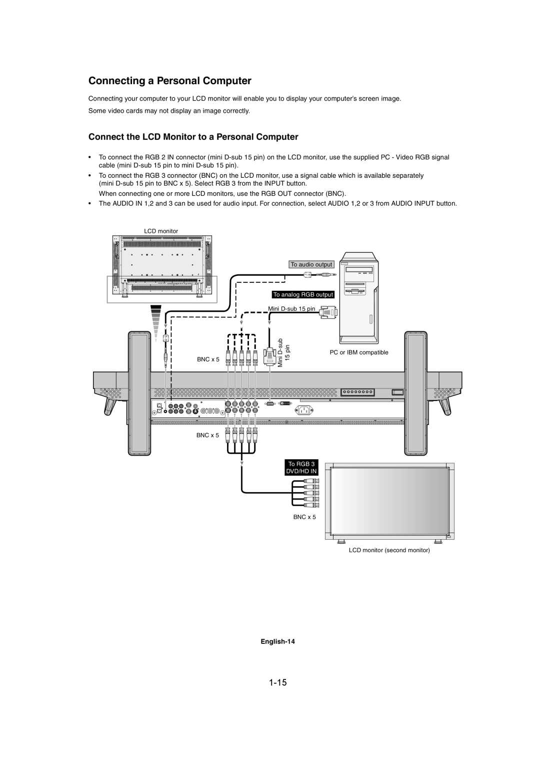 Mitsubishi Electronics MDT402S Connecting a Personal Computer, Connect the LCD Monitor to a Personal Computer, English-14 