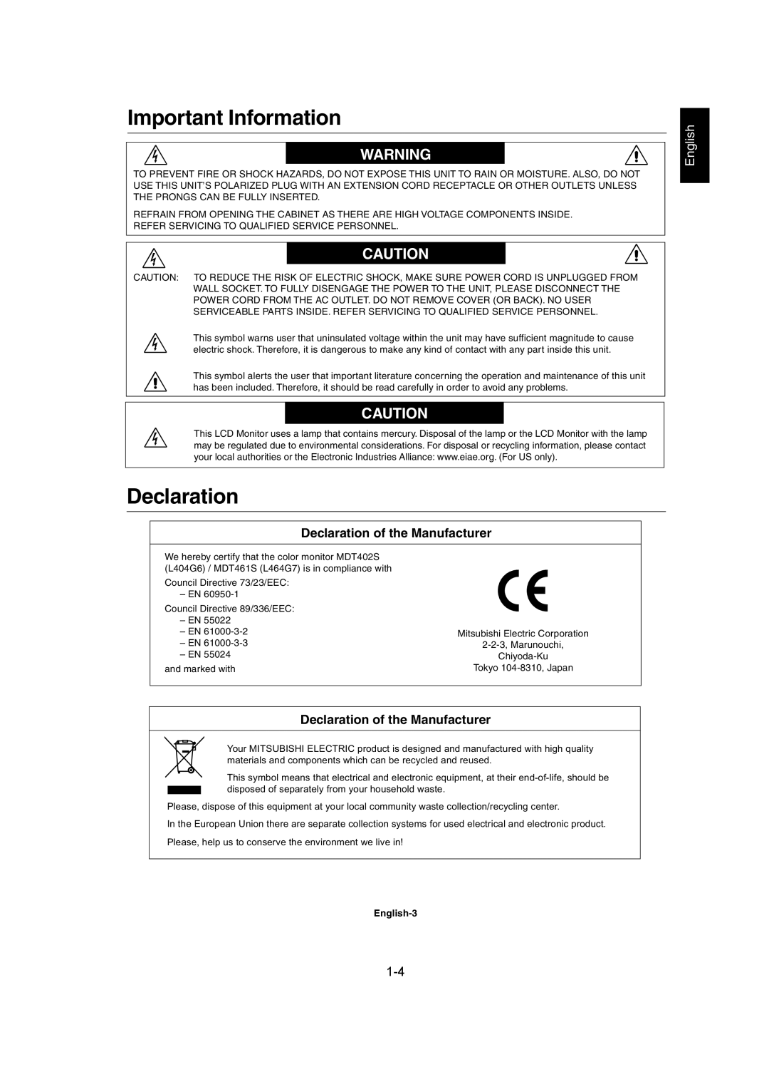 Mitsubishi Electronics MDT402S user manual Declaration of the Manufacturer, English-3 