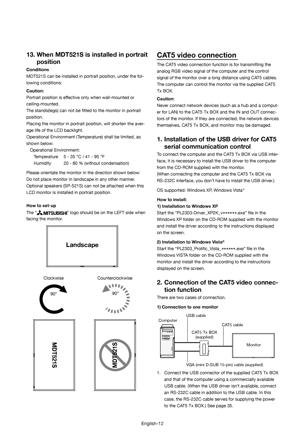 Mitsubishi Electronics user manual CAT5 video connection, When MDT521S is installed in portrait position, Landscape 