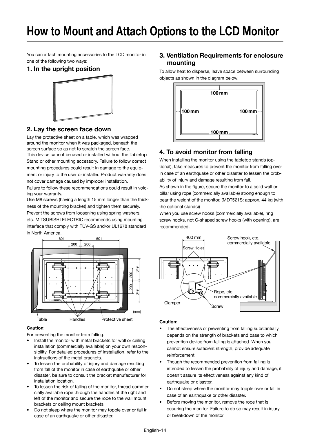 Mitsubishi Electronics MDT521S Upright position Lay the screen face down, Ventilation Requirements for enclosure mounting 