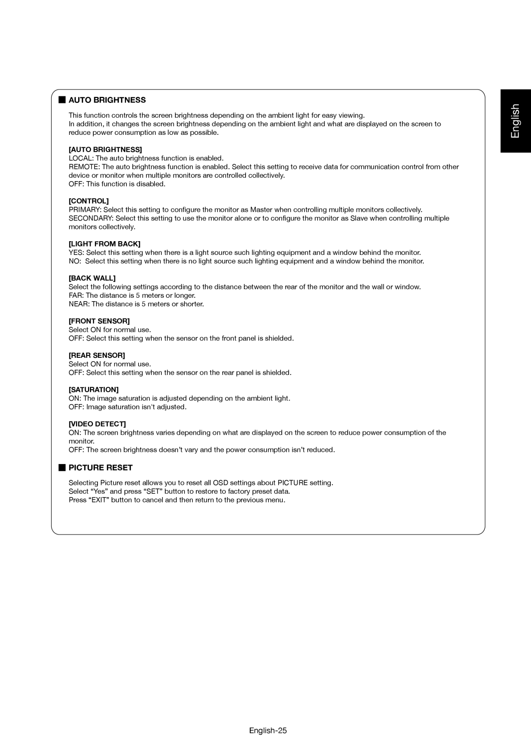 Mitsubishi Electronics MDT521S user manual Auto Brightness, Picture Reset, Front Sensor Select on for normal use 