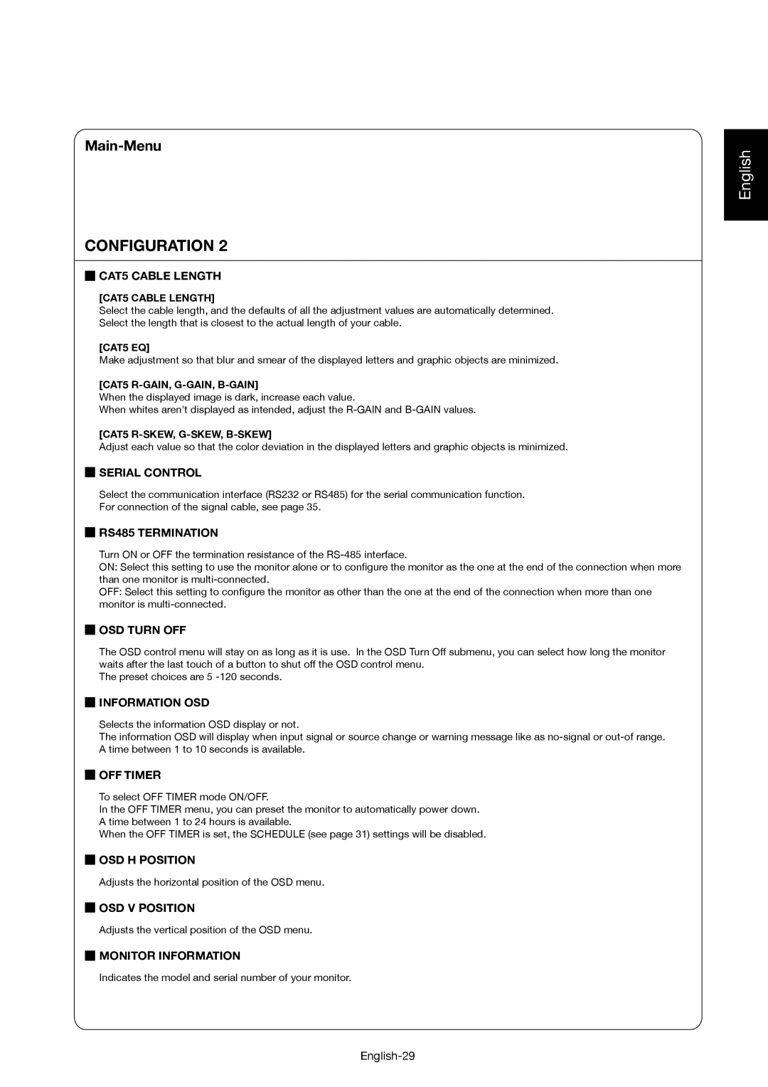 Mitsubishi Electronics MDT521S CAT5 Cable Length, Serial Control, RS485 Termination, OSD Turn OFF, Information OSD 