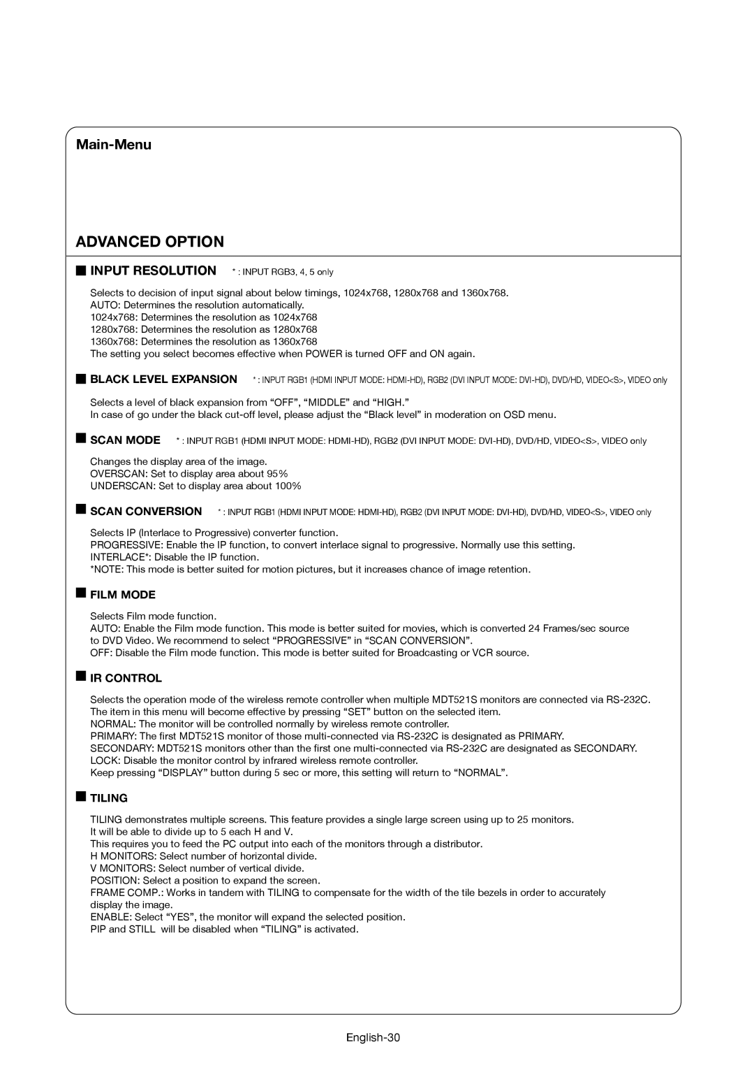 Mitsubishi Electronics MDT521S user manual Advanced Option, Film Mode, IR Control, Tiling 