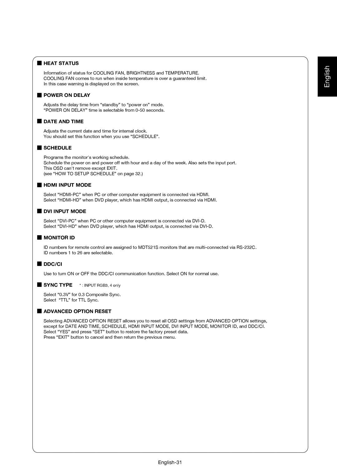 Mitsubishi Electronics MDT521S Heat Status, Power on Delay, Date and Time, Schedule, Hdmi Input Mode, DVI Input Mode 