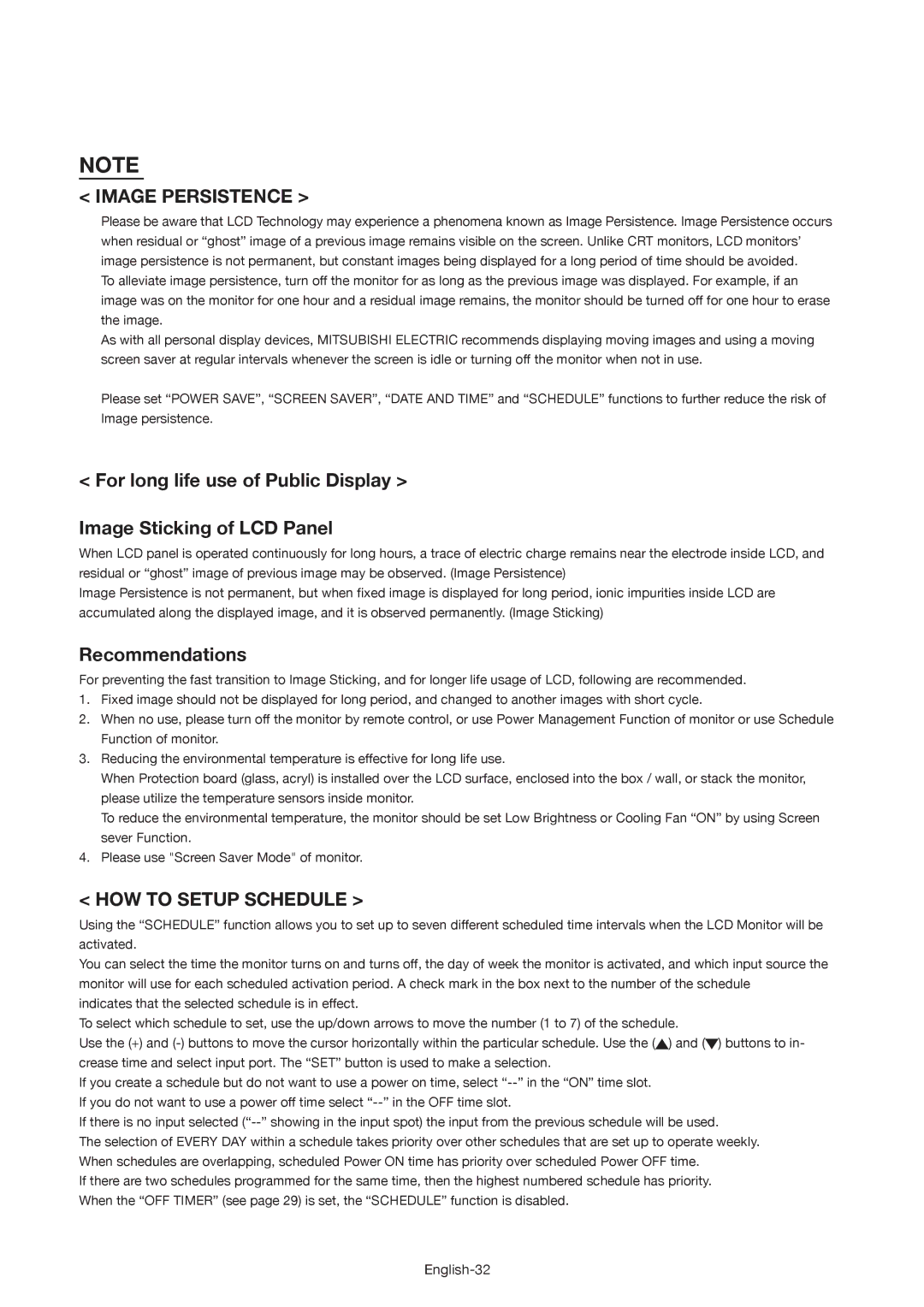 Mitsubishi Electronics MDT521S user manual Image Persistence, Recommendations, HOW to Setup Schedule 