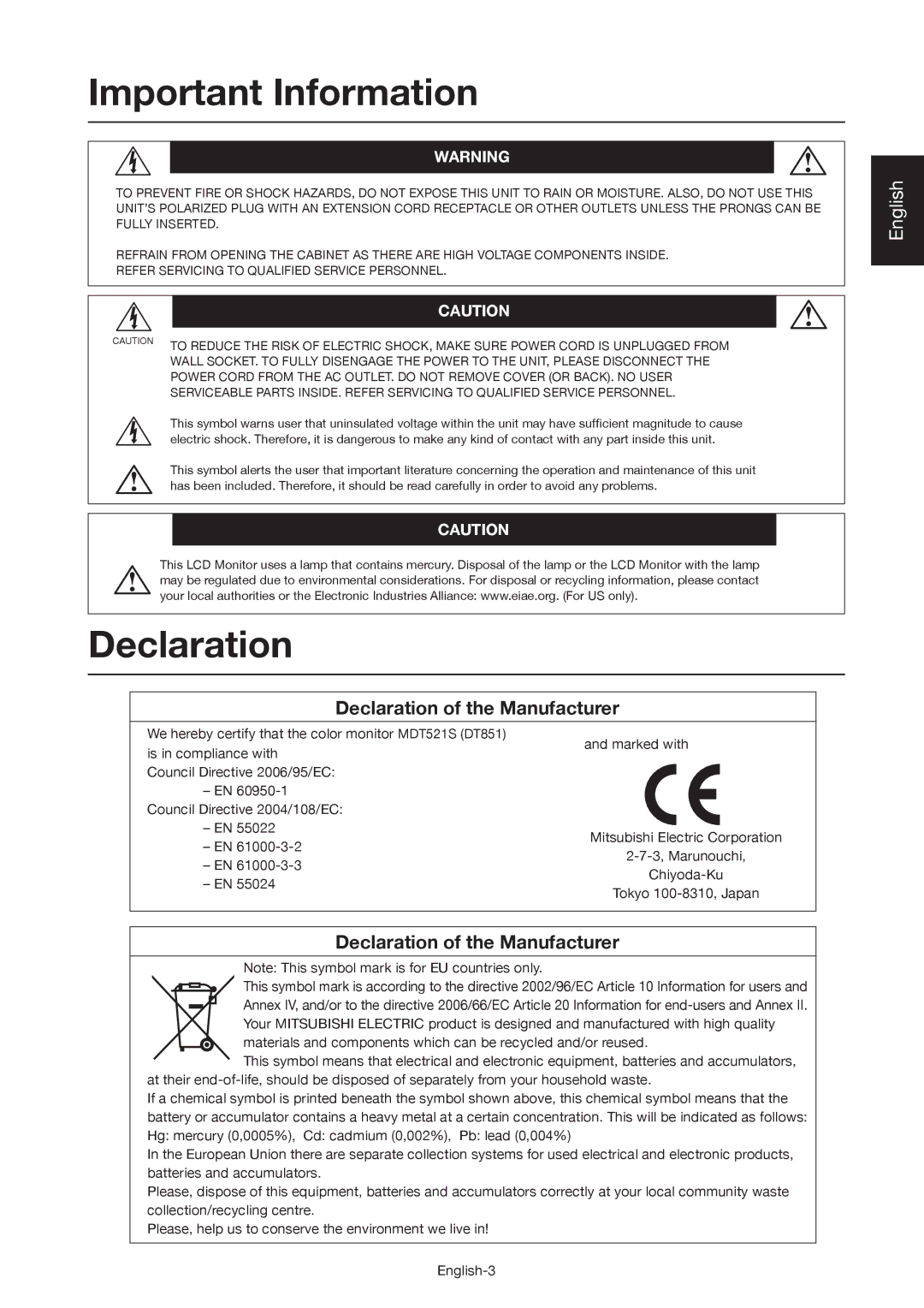 Mitsubishi Electronics MDT521S user manual Declaration of the Manufacturer 