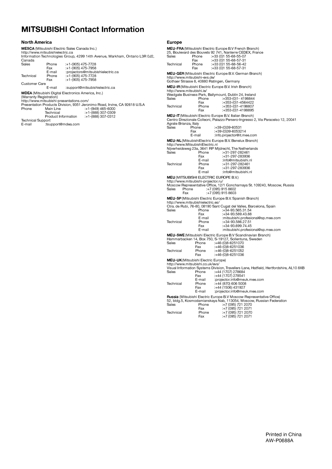 Mitsubishi Electronics MDT521S user manual Mitsubishi Contact Information, North America, Europe 