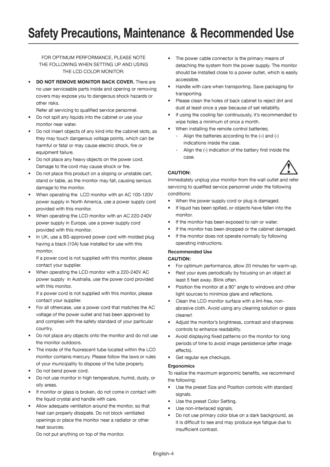 Mitsubishi Electronics MDT521S user manual Recommended Use, Ergonomics 