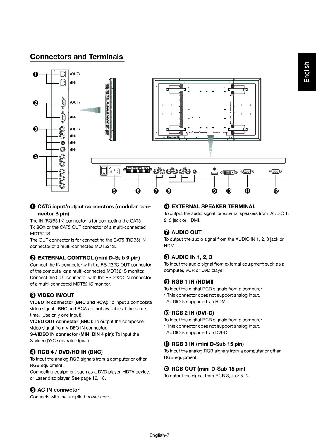 Mitsubishi Electronics MDT521S user manual Connectors and Terminals, CAT5 input/output connectors modular con- nector 8 pin 