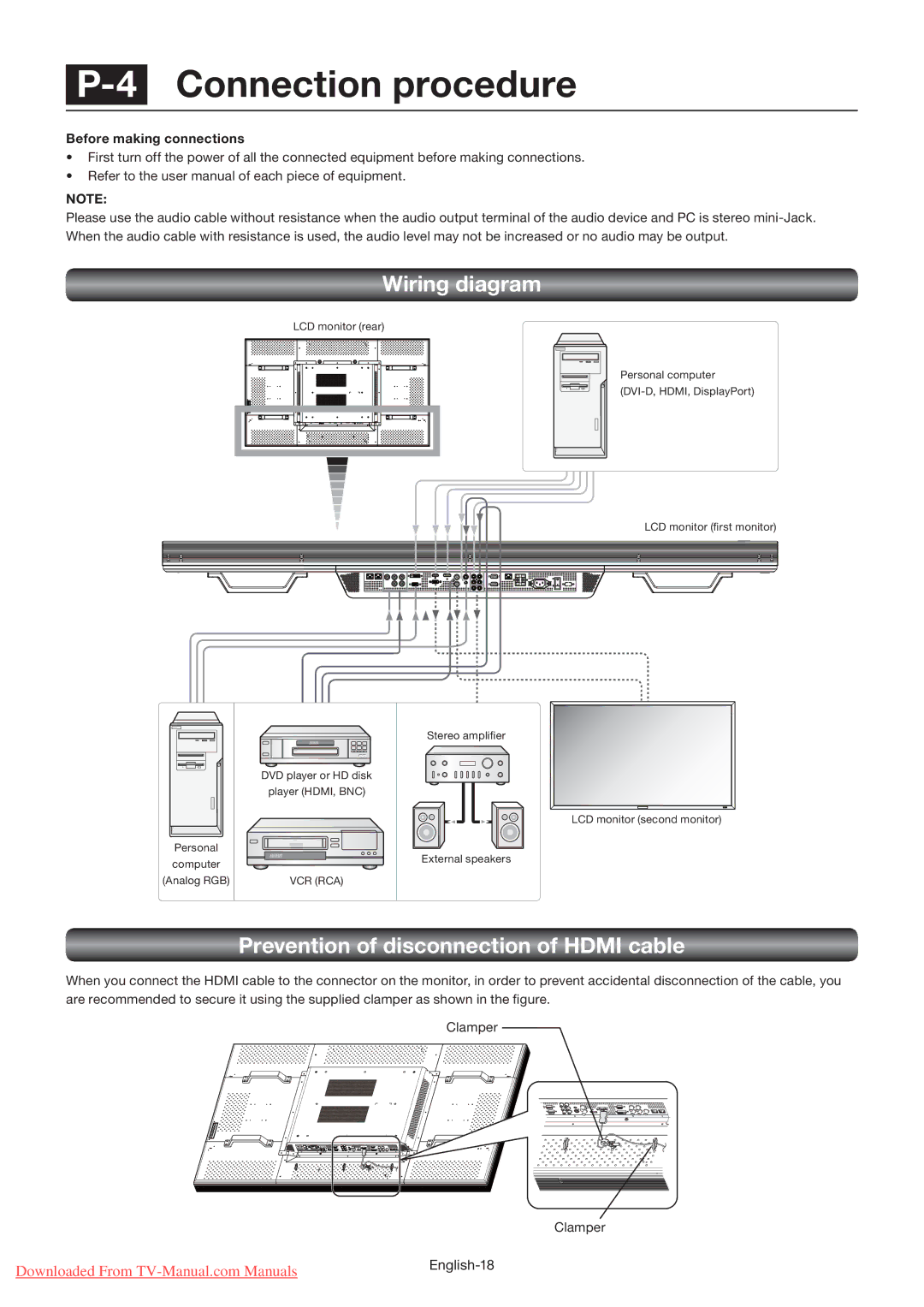 Mitsubishi Electronics MDT65IS manual 4Connection procedure, Wiring diagram, Prevention of disconnection of Hdmi cable 