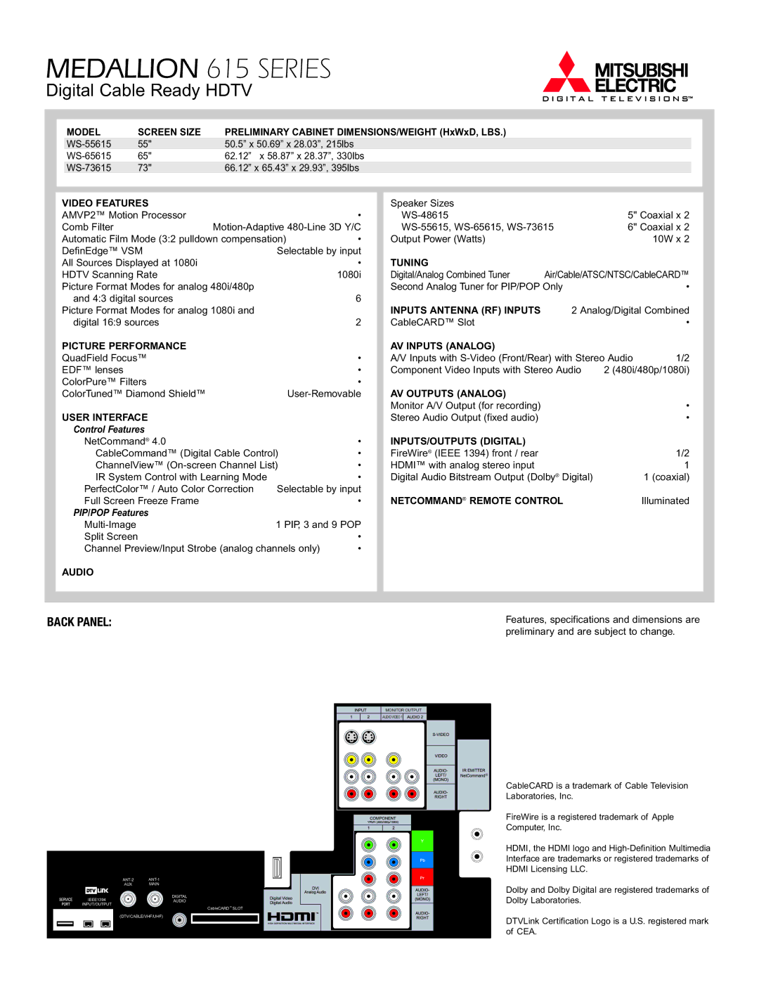 Mitsubishi Electronics Medallion 615 specifications Control Features, PIP/POP Features 