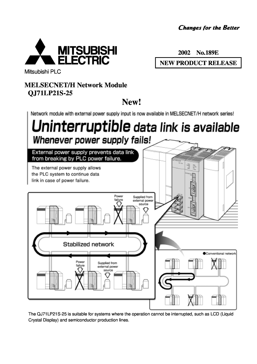 Mitsubishi Electronics manual MELSECNET/H Network Module QJ71LP21S-25, 2002 No.189E NEW PRODUCT RELEASE, Mitsubishi PLC 