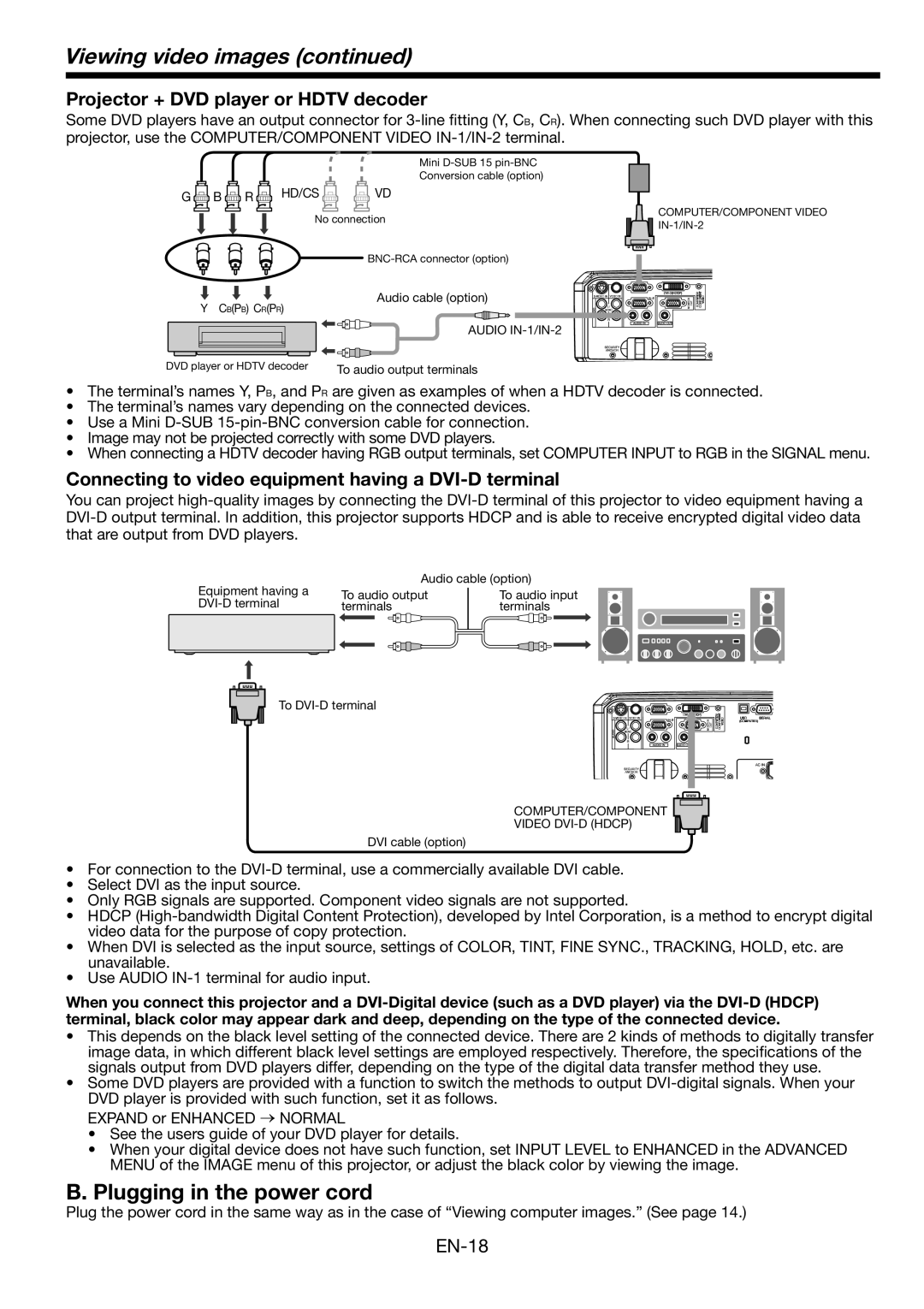 Mitsubishi Electronics MH2850U Viewing video images, Plugging in the power cord, Projector + DVD player or Hdtv decoder 