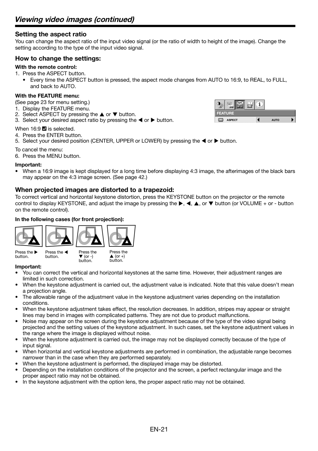 Mitsubishi Electronics MH2850U user manual Setting the aspect ratio, How to change the settings, With the remote control 