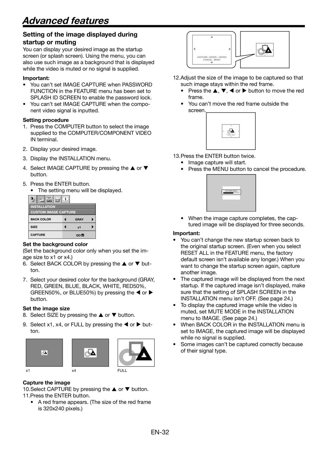 Mitsubishi Electronics MH2850U user manual Advanced features, Setting of the image displayed during startup or muting 