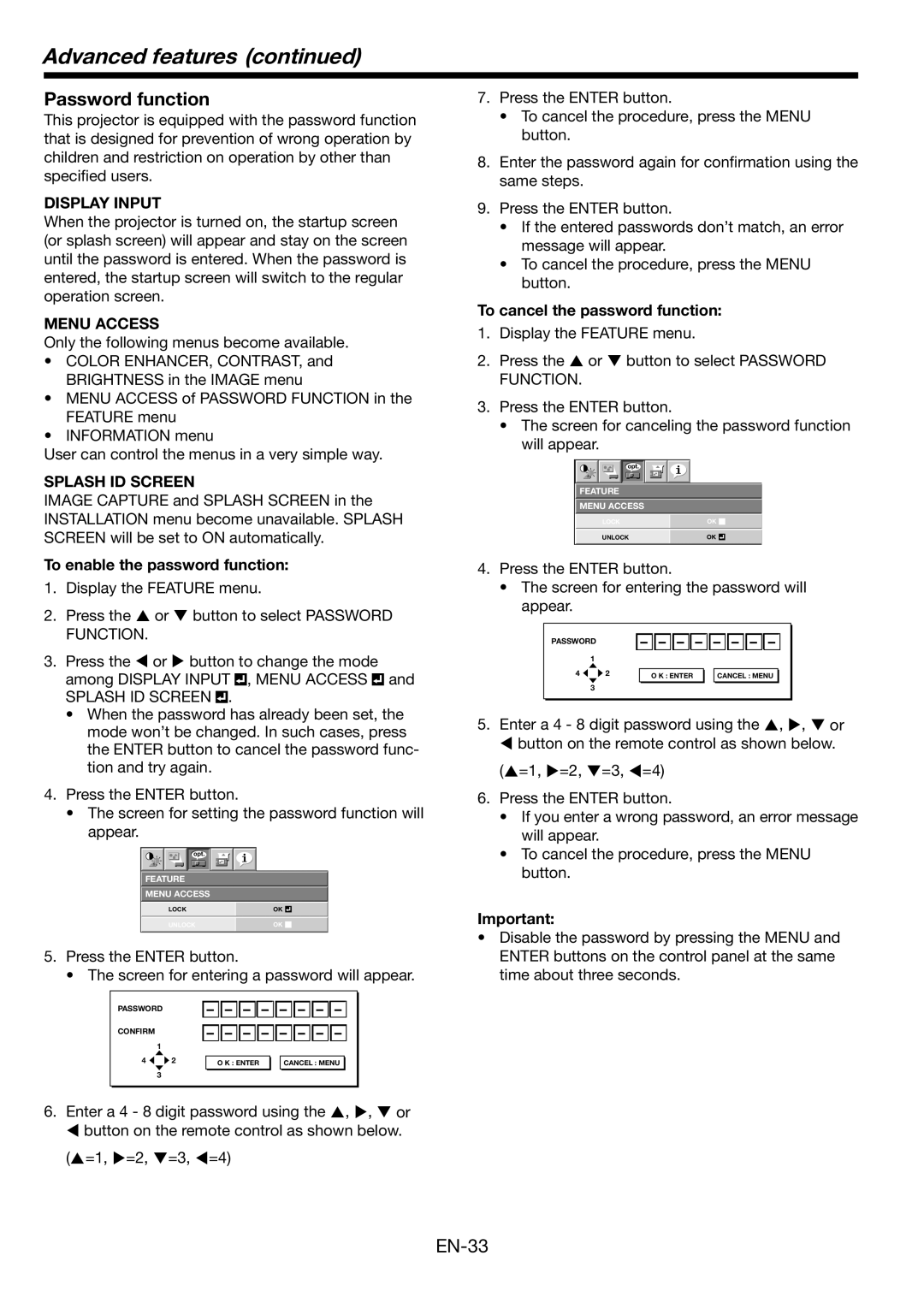 Mitsubishi Electronics MH2850 Advanced features, Password function, To enable the password function, Splash ID Screen 