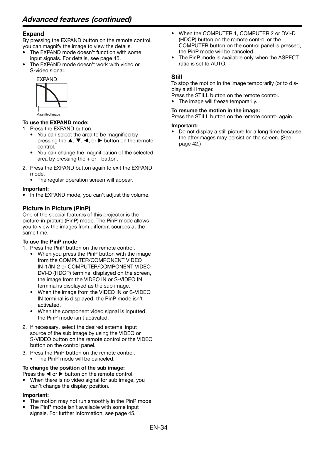 Mitsubishi Electronics MH2850U user manual Expand, Picture in Picture PinP, Still 