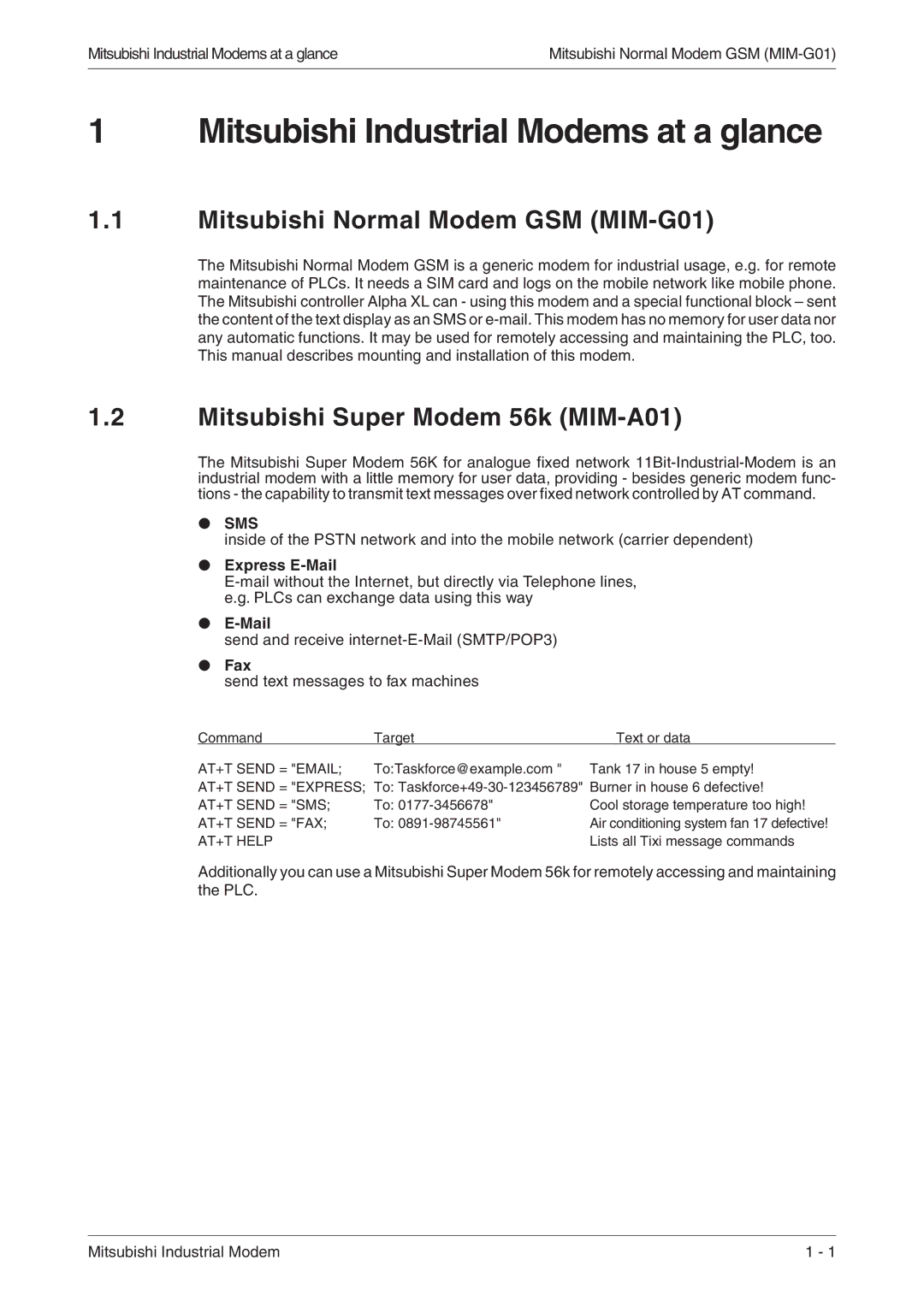 Mitsubishi Electronics MIM-A01 manual Mitsubishi Industrial Modems at a glance, Mitsubishi Normal Modem GSM MIM-G01 