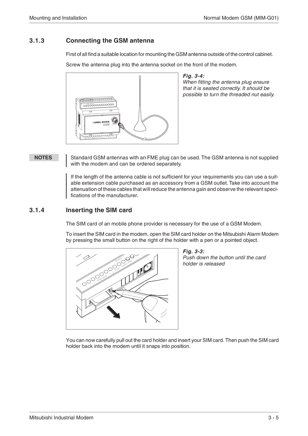 Mitsubishi Electronics MIM-G01, MIM-A01 manual Connecting the GSM antenna, Inserting the SIM card 