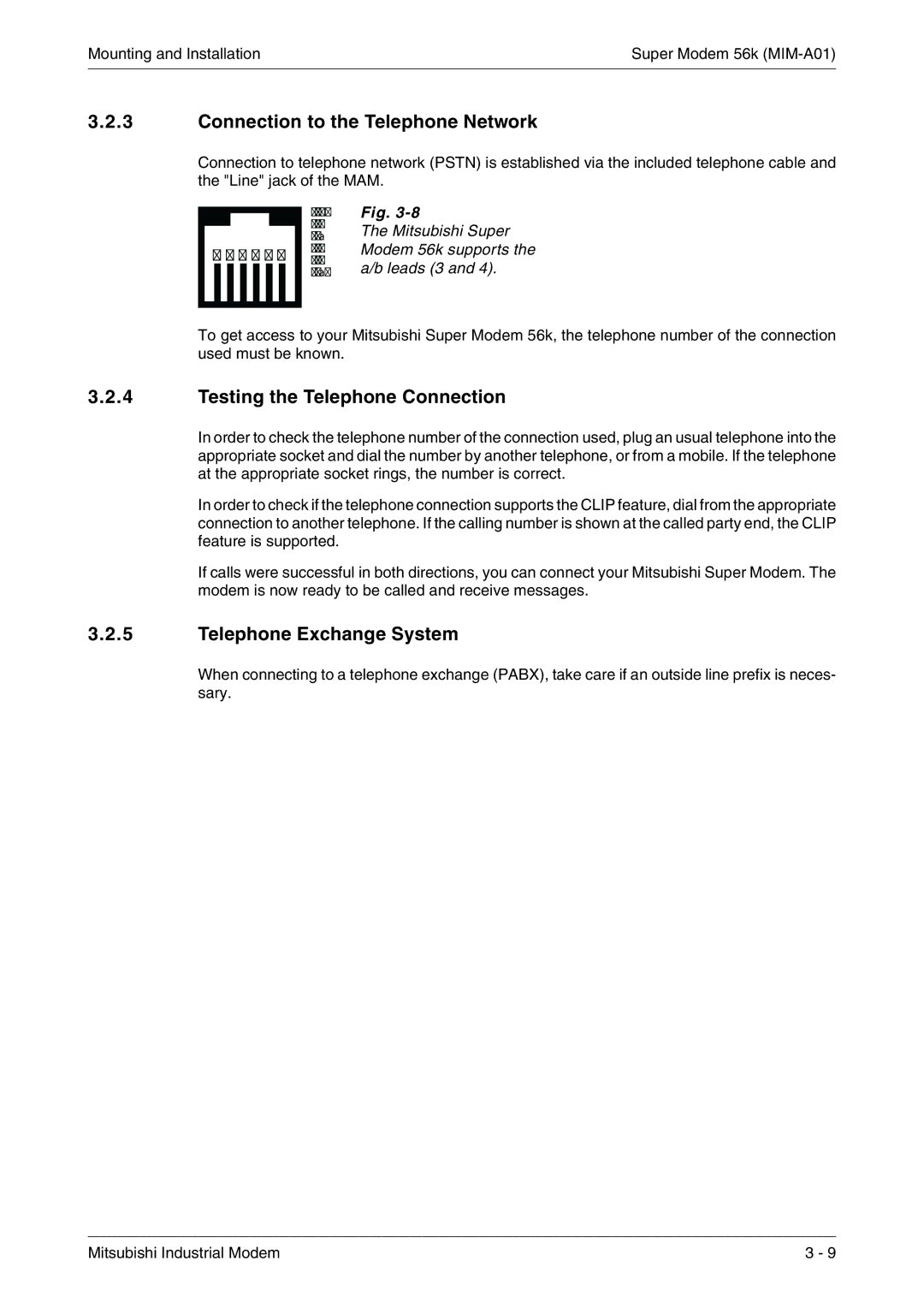 Mitsubishi Electronics MIM-G01, MIM-A01 manual Connection to the Telephone Network, Testing the Telephone Connection 