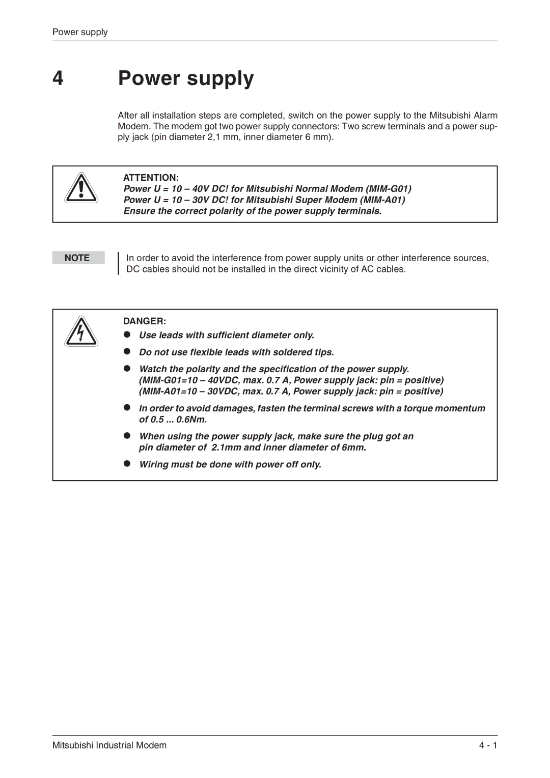 Mitsubishi Electronics MIM-G01, MIM-A01 manual Power supply 