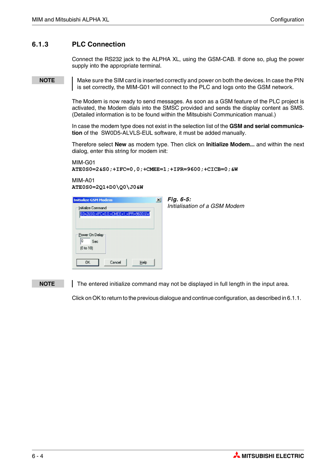 Mitsubishi Electronics MIM-A01, MIM-G01 manual PLC Connection, Initialisation of a GSM Modem 