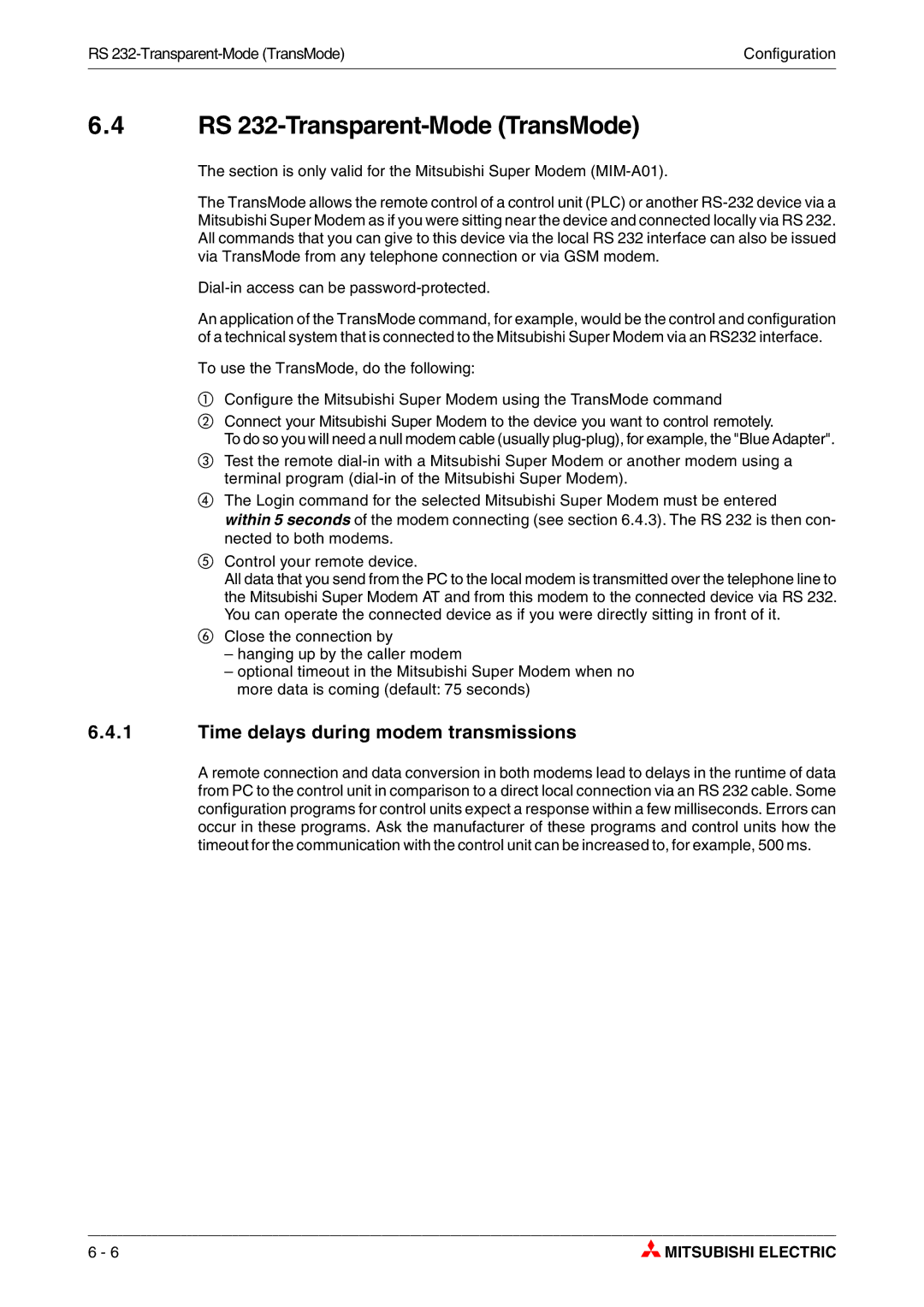 Mitsubishi Electronics MIM-A01, MIM-G01 manual RS 232-Transparent-Mode TransMode, Time delays during modem transmissions 