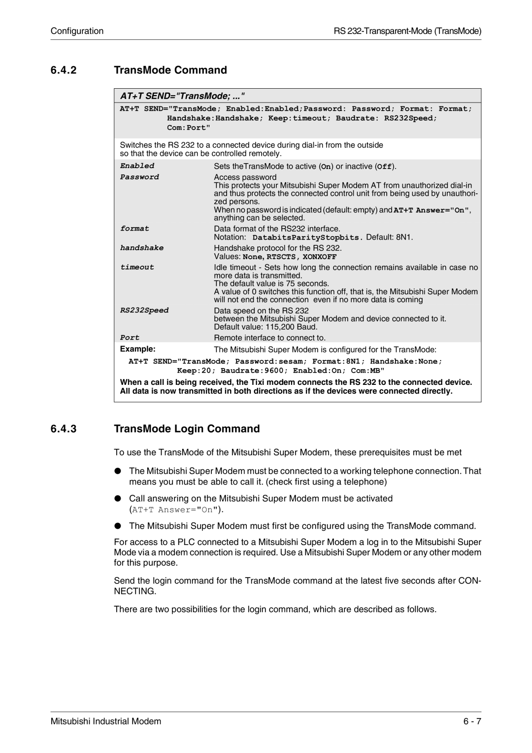 Mitsubishi Electronics MIM-G01, MIM-A01 manual TransMode Command, TransMode Login Command, AT+T SEND=TransMode, Example 