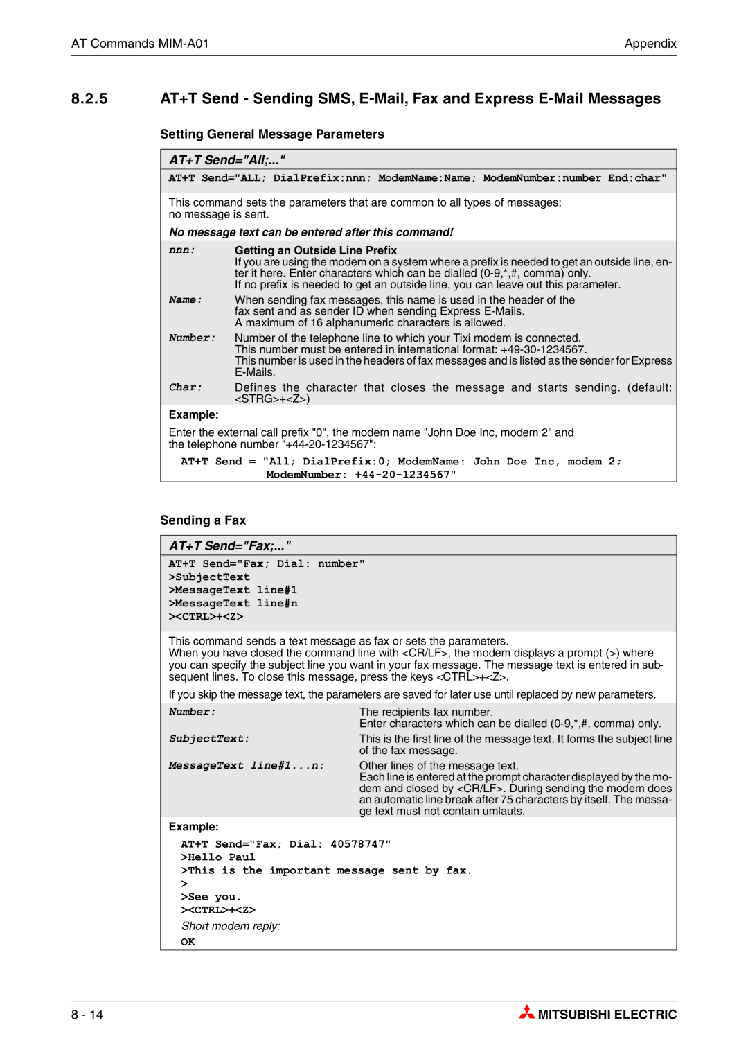 Mitsubishi Electronics MIM-A01, MIM-G01 Setting General Message Parameters, AT+T Send=All, Sending a Fax, AT+T Send=Fax 