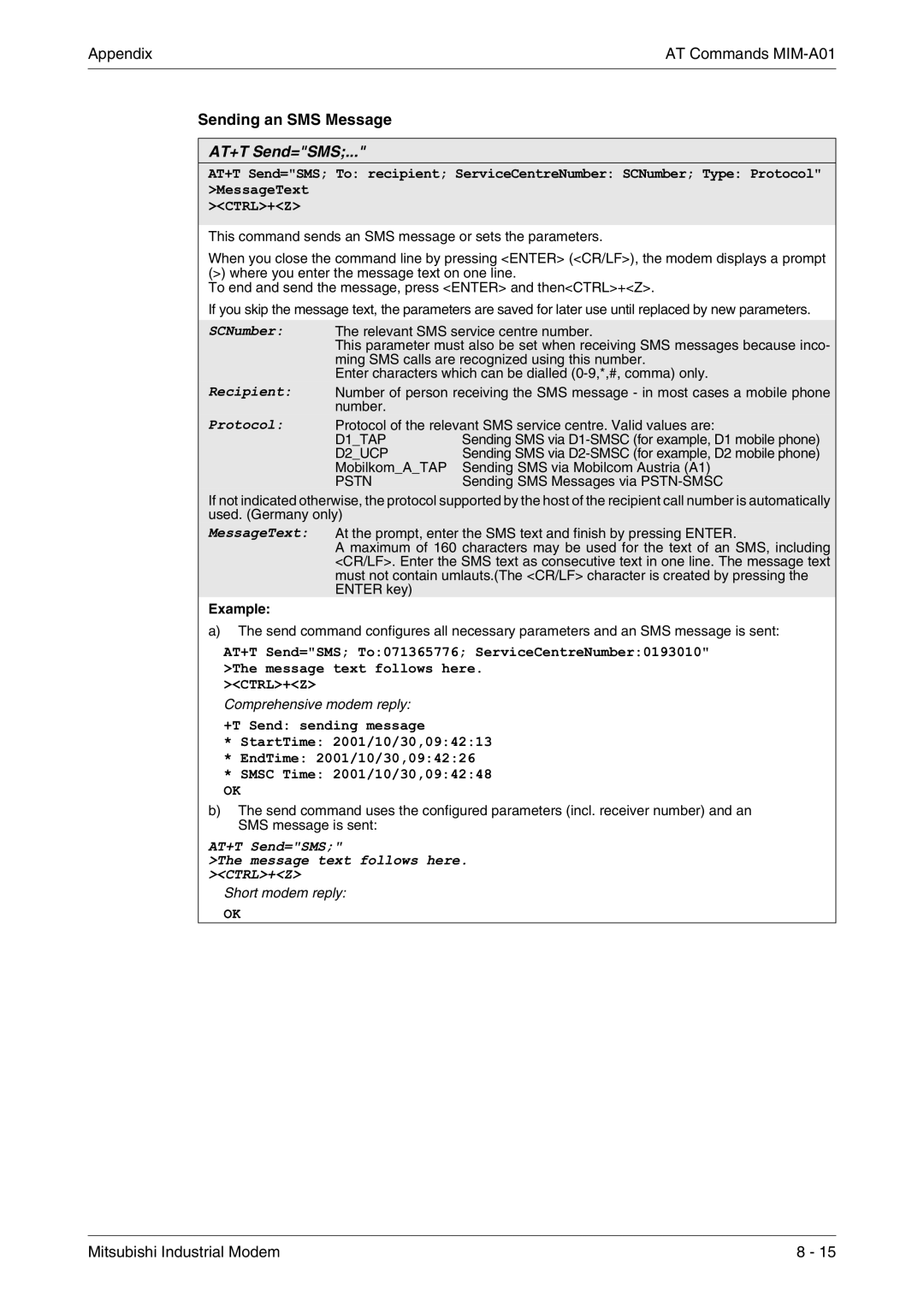 Mitsubishi Electronics MIM-G01, MIM-A01 manual Sending an SMS Message, AT+T Send=SMS 