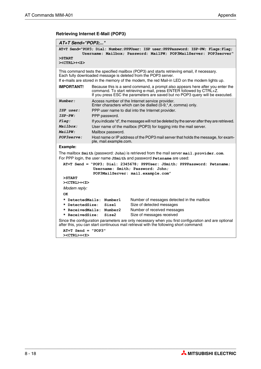 Mitsubishi Electronics MIM-A01, MIM-G01 manual Retrieving Internet E-Mail POP3, AT+T Send=POP3, Size of detected messages 