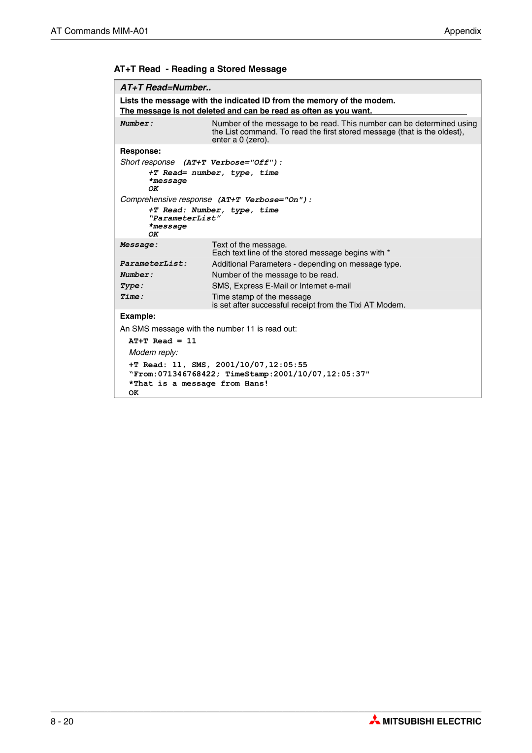 Mitsubishi Electronics MIM-A01, MIM-G01 manual AT+T Read Reading a Stored Message, AT+T Read=Number, ParameterList, Time 