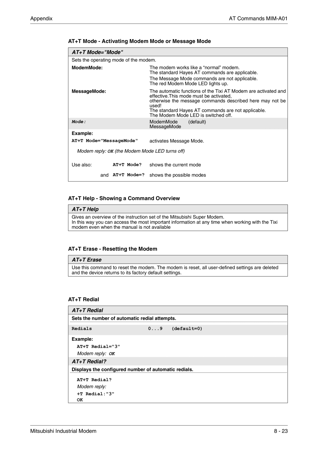 Mitsubishi Electronics MIM-G01, MIM-A01 manual AT+T Mode=Mode, AT+T Help, AT+T Erase, AT+T Redial? 