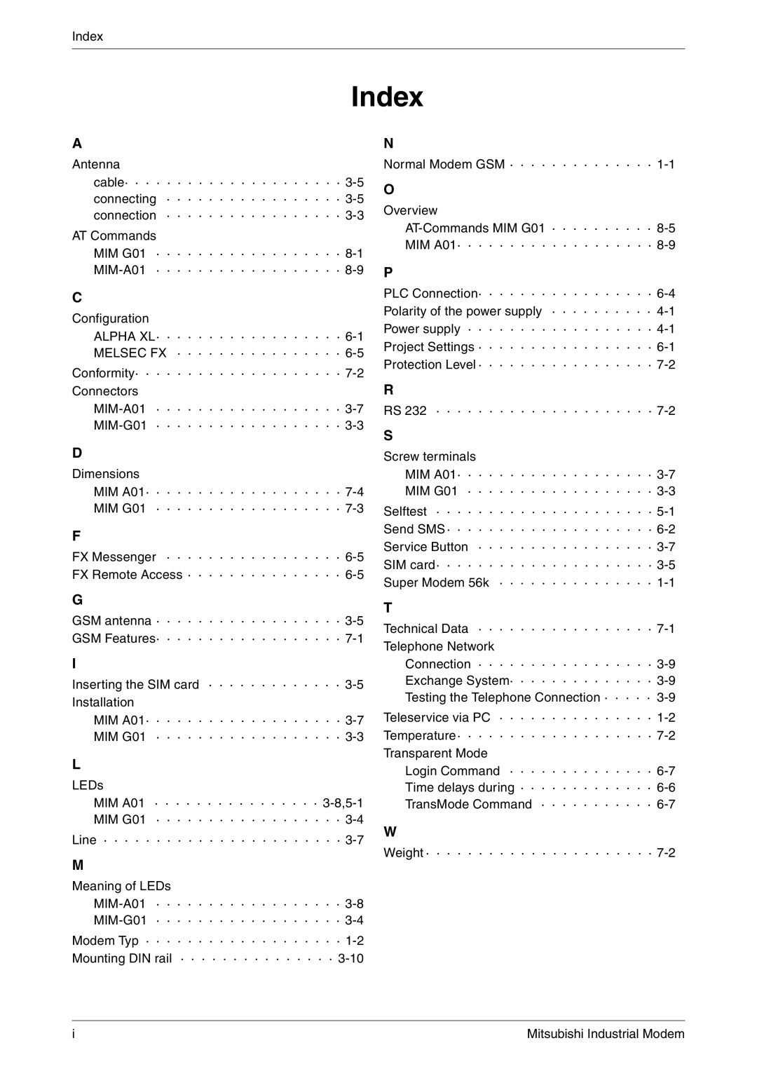 Mitsubishi Electronics MIM-G01 manual Index, MIM G01 MIM-A01 