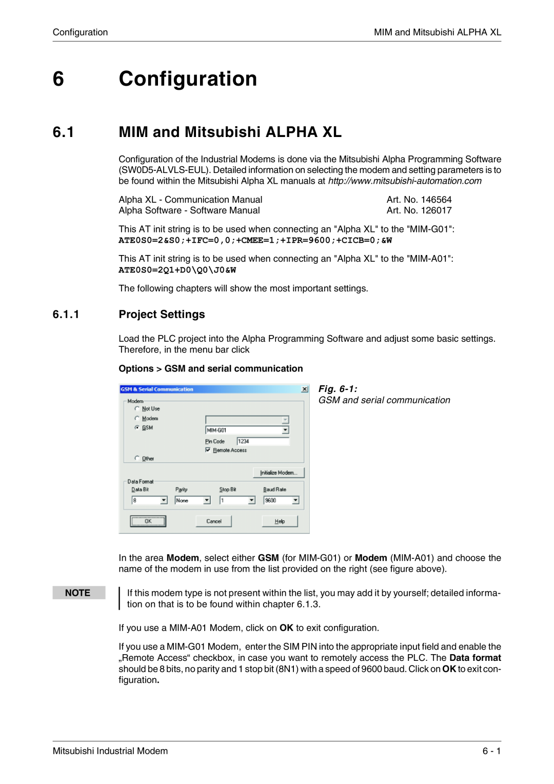 Mitsubishi Electronics MIM-G01 manual Configuration, MIM and Mitsubishi ALPHA XL, Project Settings, ATE0S0=2Q1+D0\Q0\J0&W 