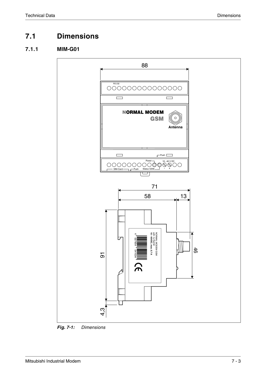 Mitsubishi Electronics MIM-G01 manual Dimensions, Normal Modem, Antenna, SIM-Card, Power, V Dc, Push Status GSM, 027954 