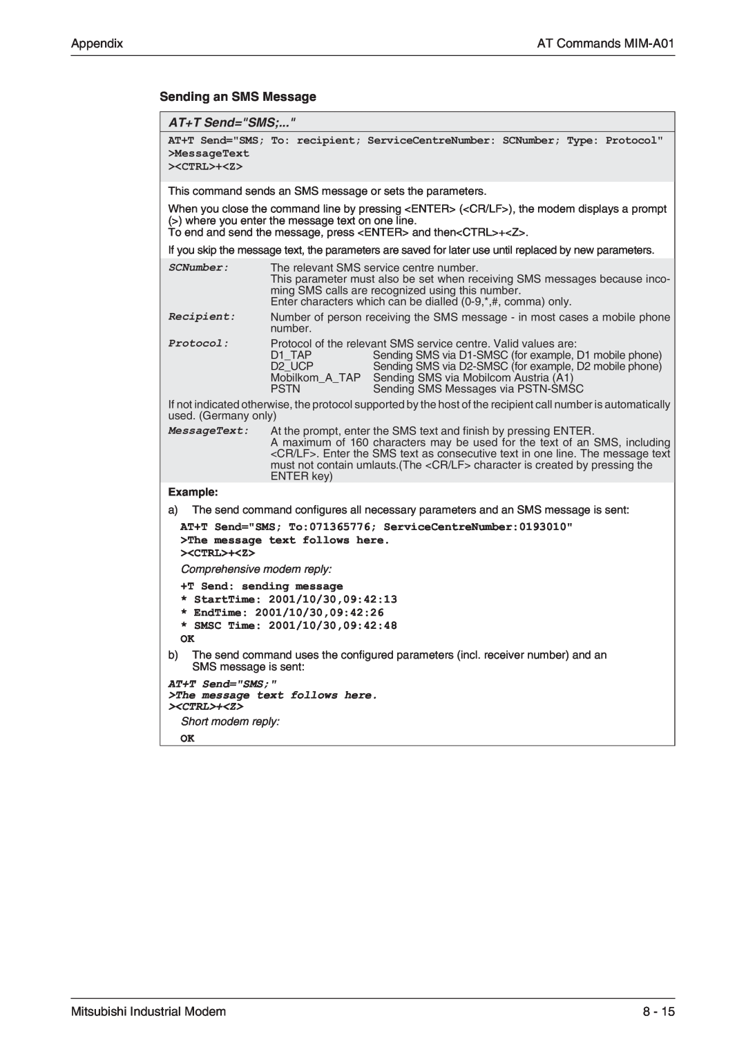 Mitsubishi Electronics MIM-G01 manual Sending an SMS Message, Ctrl+Z, Example, Comprehensive modem reply, Short modem reply 