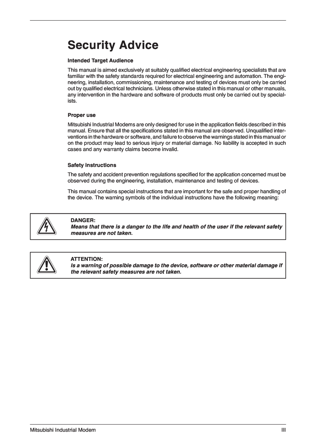Mitsubishi Electronics MIM-G01 manual Security Advice, Intended Target Audience, Proper use, Safety instructions, P Danger 