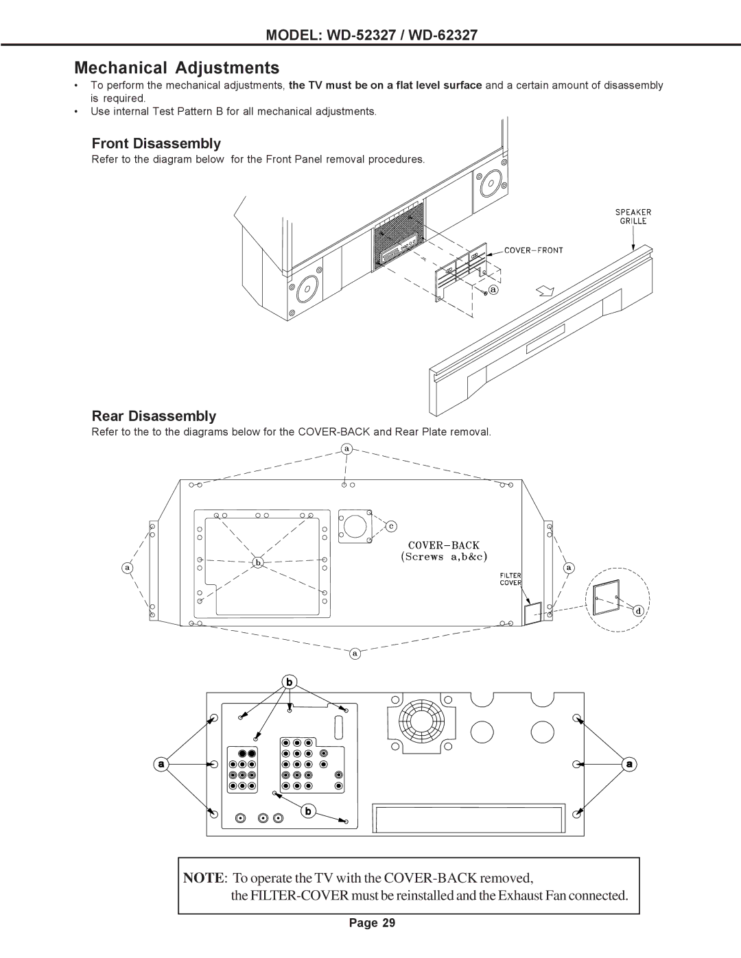 Mitsubishi Electronics mitsubishi specifications Mechanical Adjustments, Front Disassembly, Rear Disassembly 