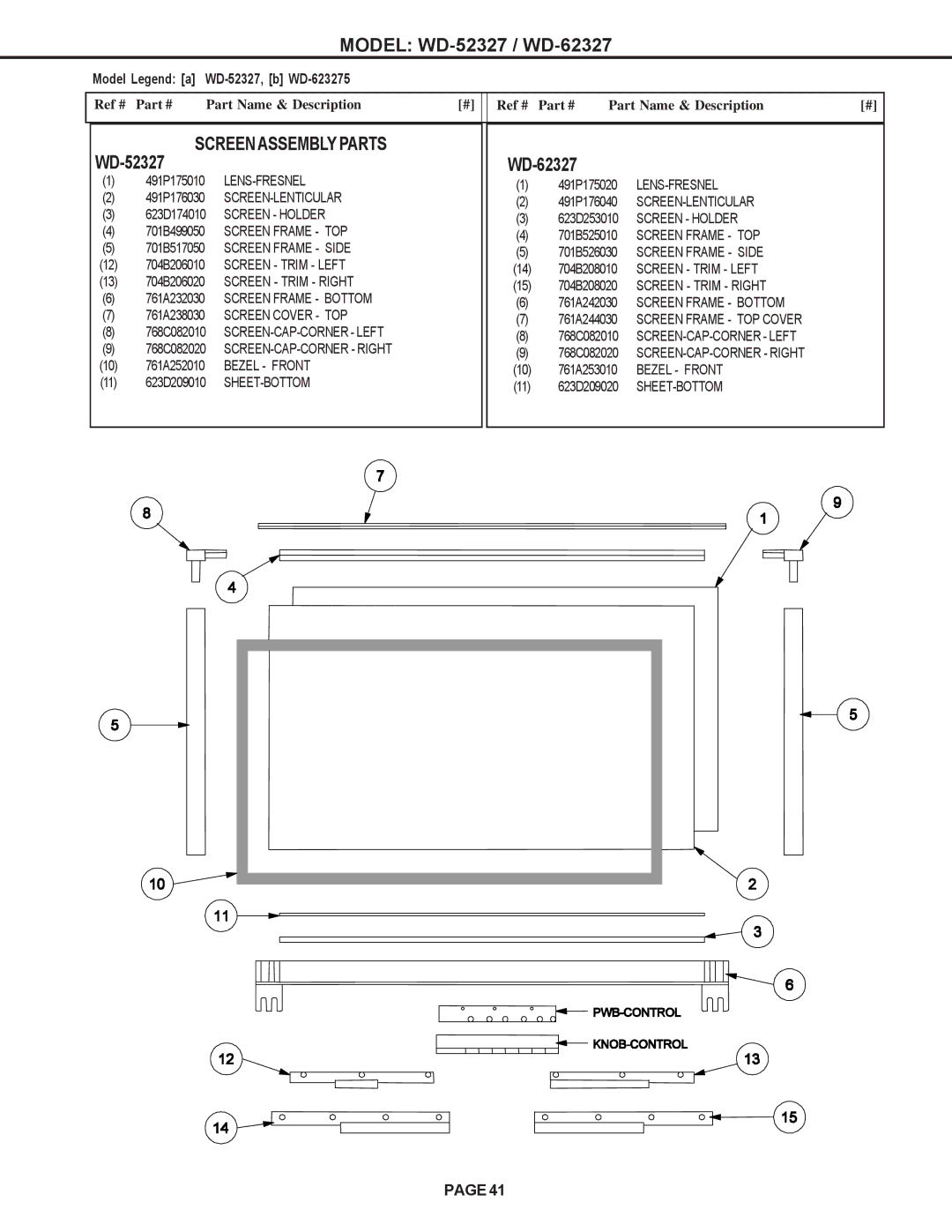 Mitsubishi Electronics mitsubishi specifications WD-62327 WD-52327, Model Legend a WD-52327, b WD-623275 