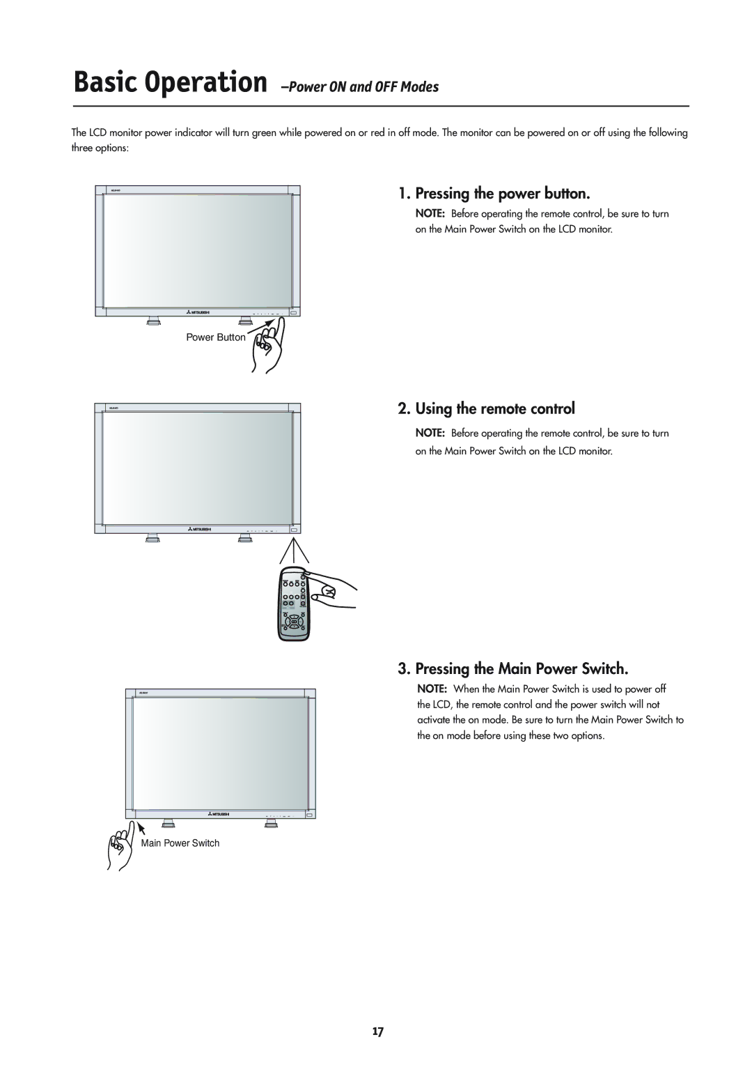 Mitsubishi Electronics MLM400 Pressing the power button, Using the remote control Pressing the Main Power Switch 