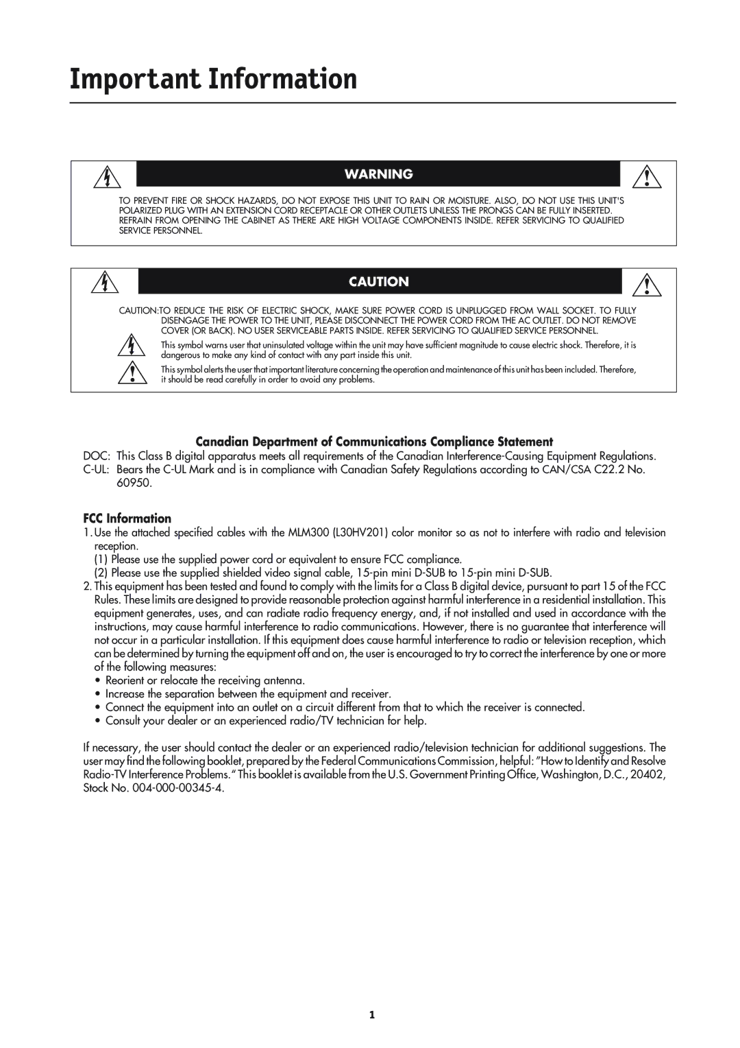 Mitsubishi Electronics MLM400 user manual Important Information, Canadian Department of Communications Compliance Statement 